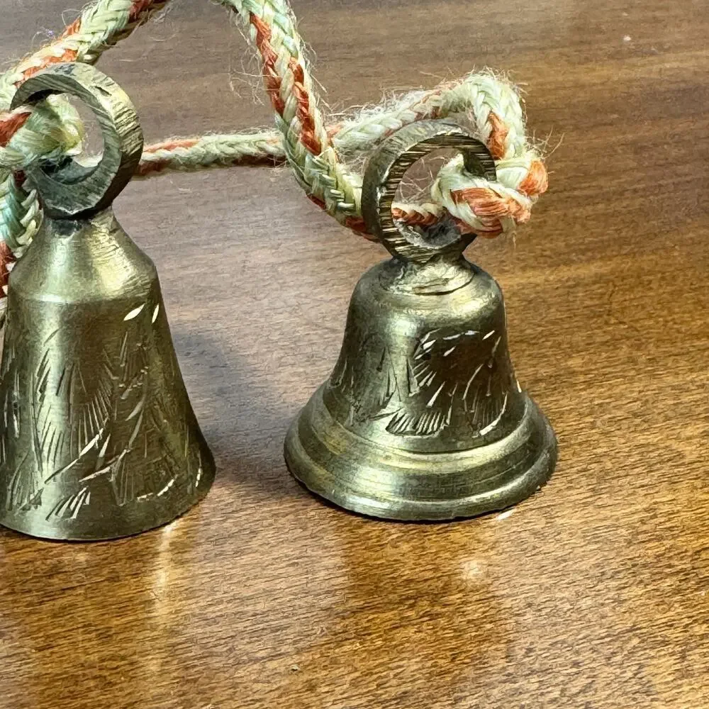 Vintage India Graduated Brass Bells with Knotted Rope Cord Set of 4